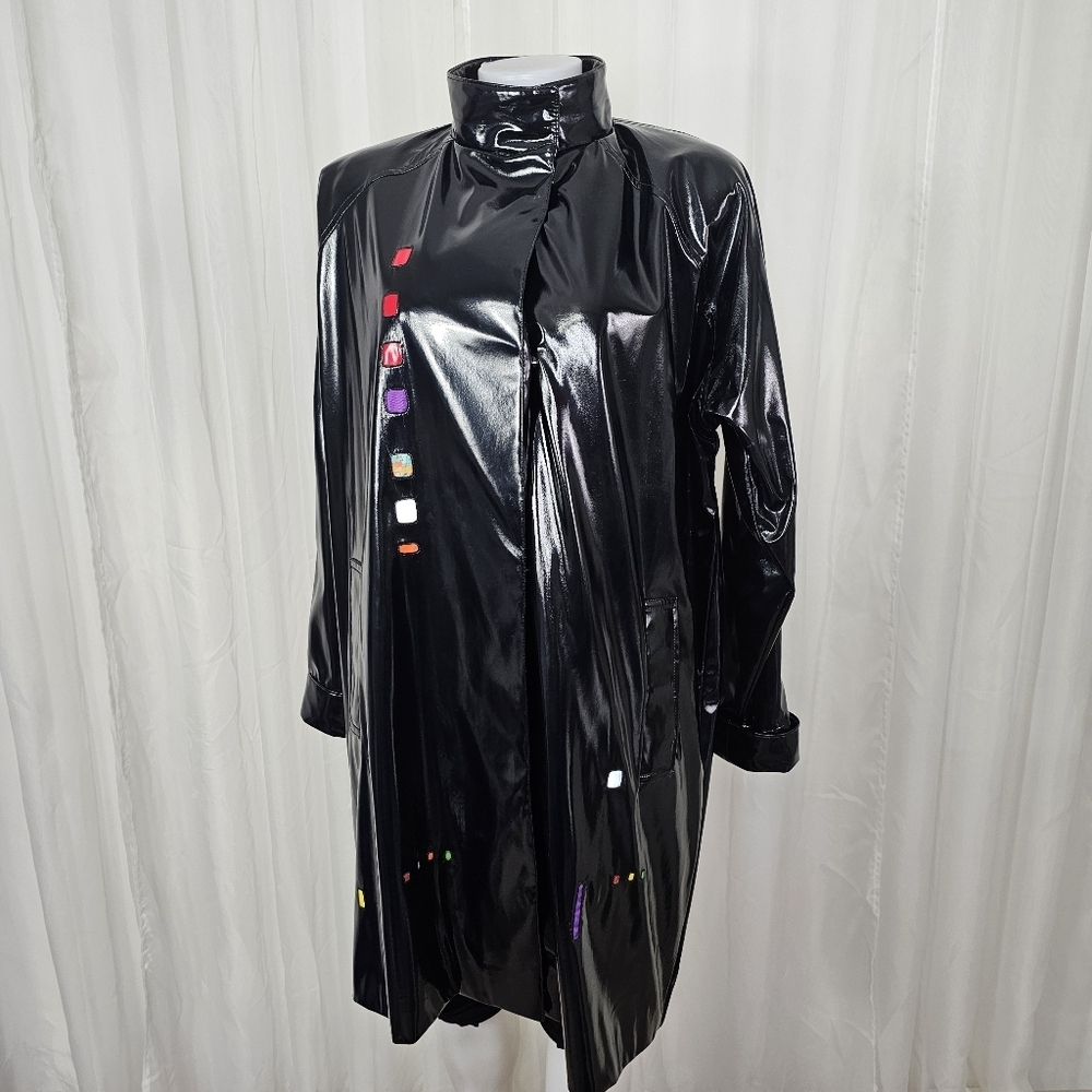 Jeffrey Weiss NY Black Glossy PVC Jacket Colorful Accent Patches Unique Vintage